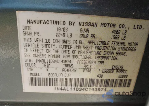 2004 Nissan Altima 2.5 S из США, поврежденный, VIN 1N4AL11D34C143974